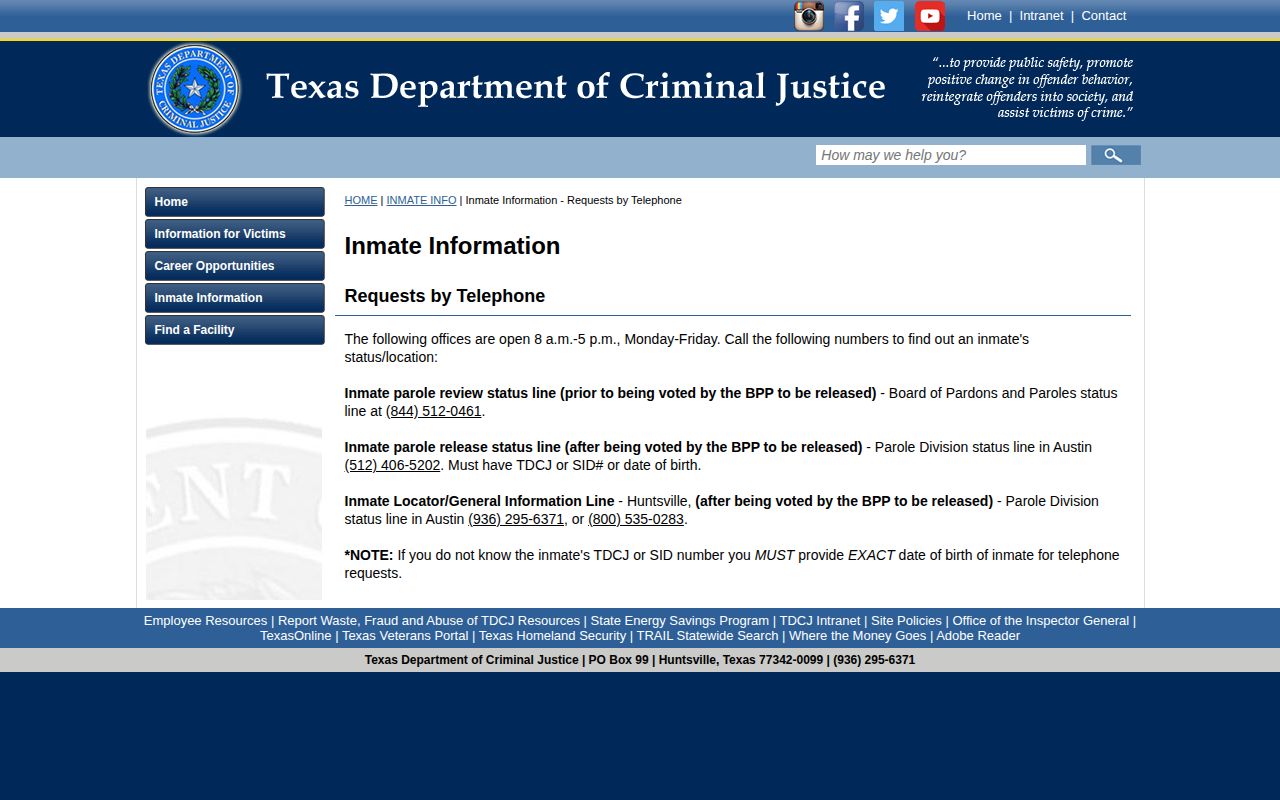 TDCJ telephone route for a Hudspeth County release transfer check