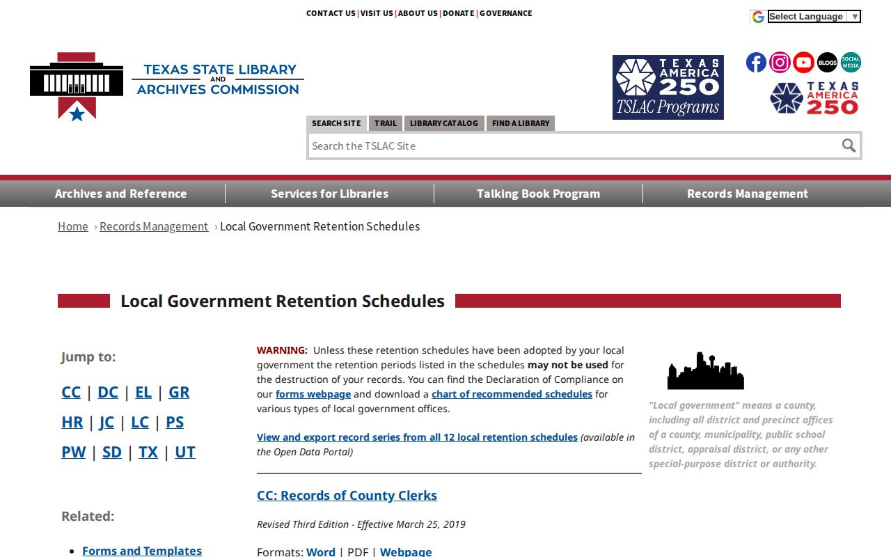 Texas retention schedules relevant to Hudspeth County 72-hour release records