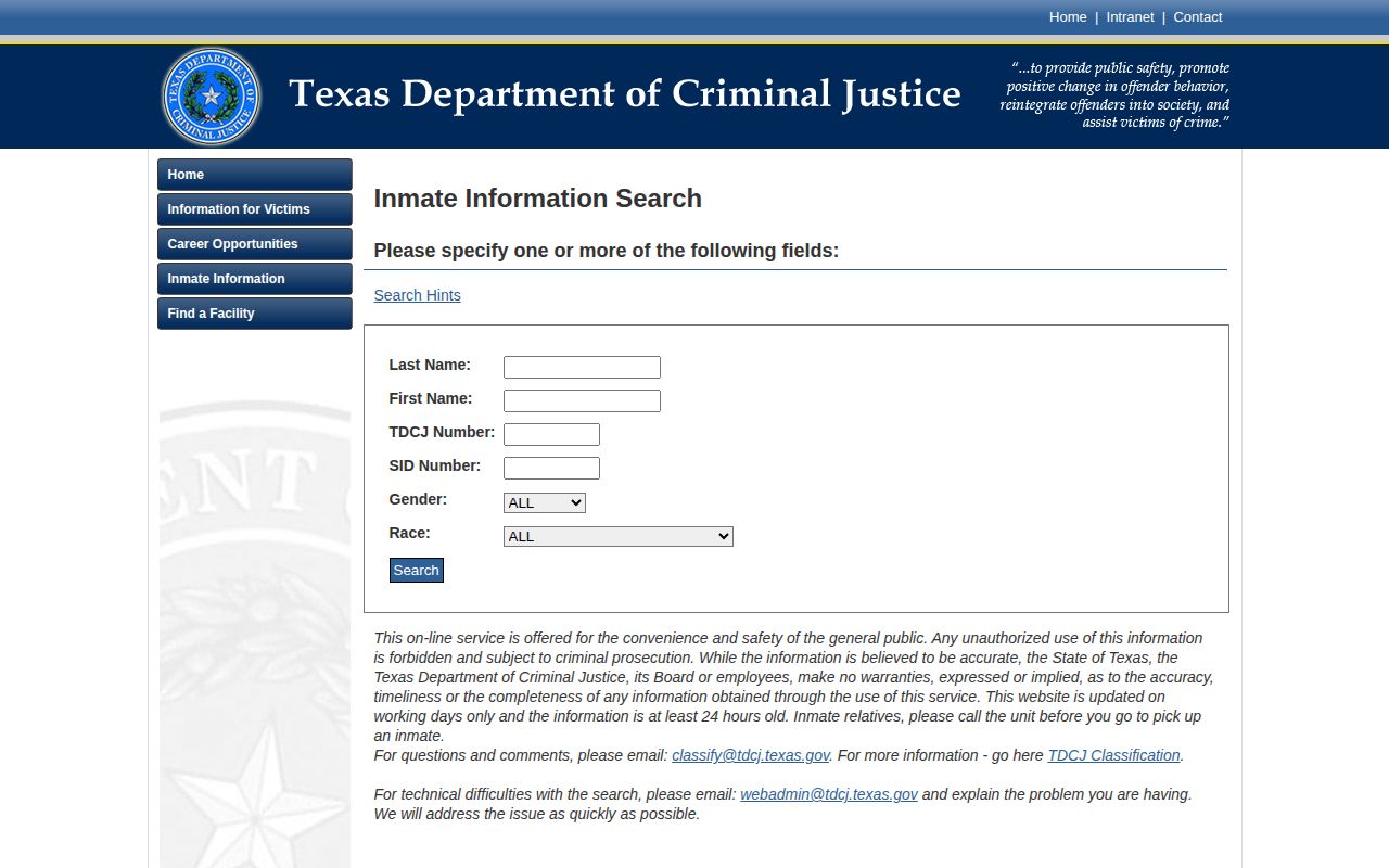 Hudspeth County released inmate search on the TDCJ offender portal