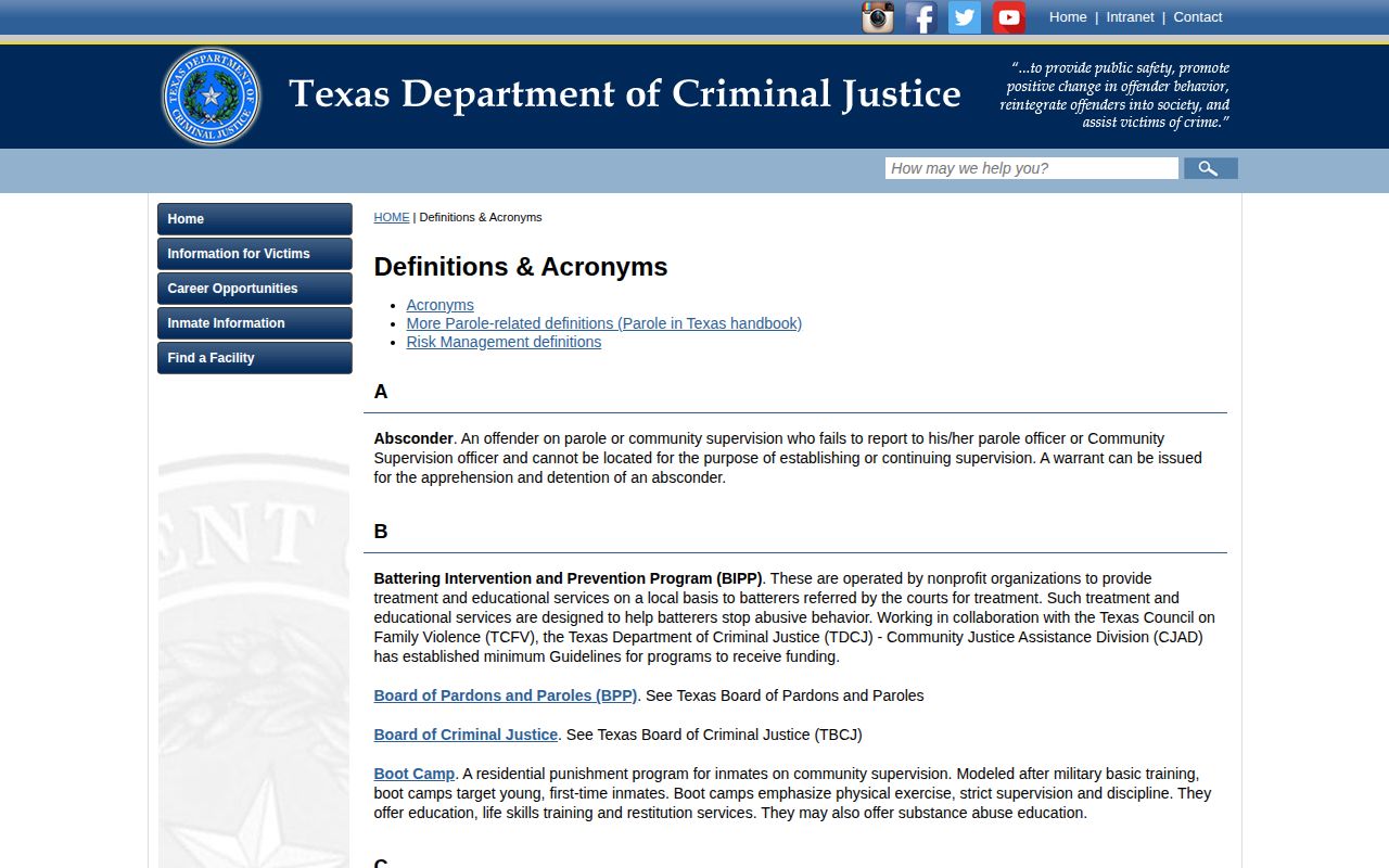 TDCJ definitions for Hudspeth County projected release and custody status fields
