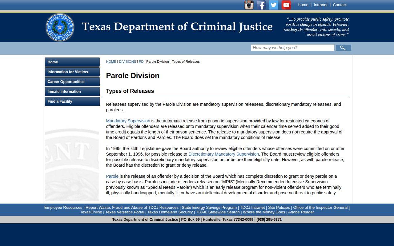 TDCJ release types affecting Hudspeth County projected release dates