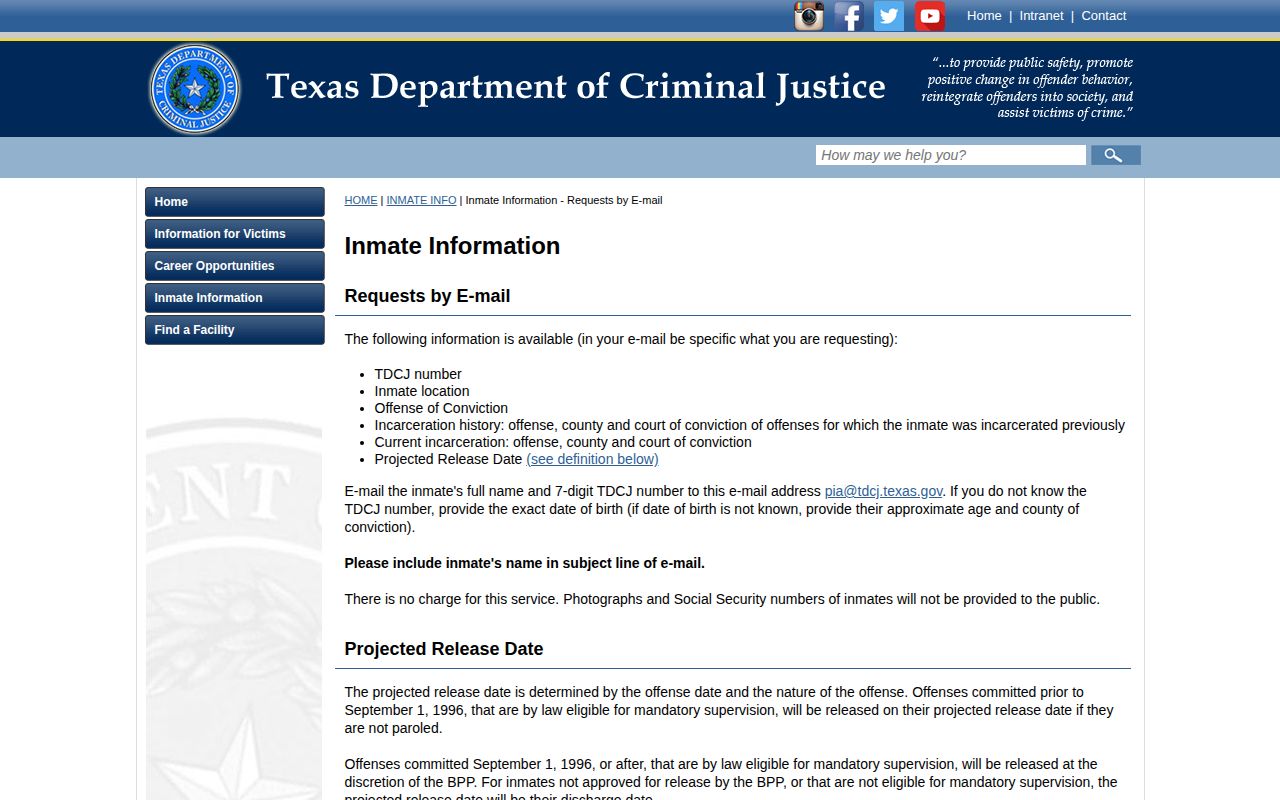 TDCJ projected release date email request information for Hudspeth County inmates