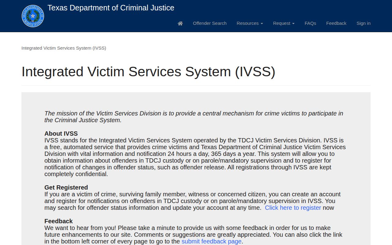 TDCJ IVSS portal for Hudspeth County state prisoner release notices
