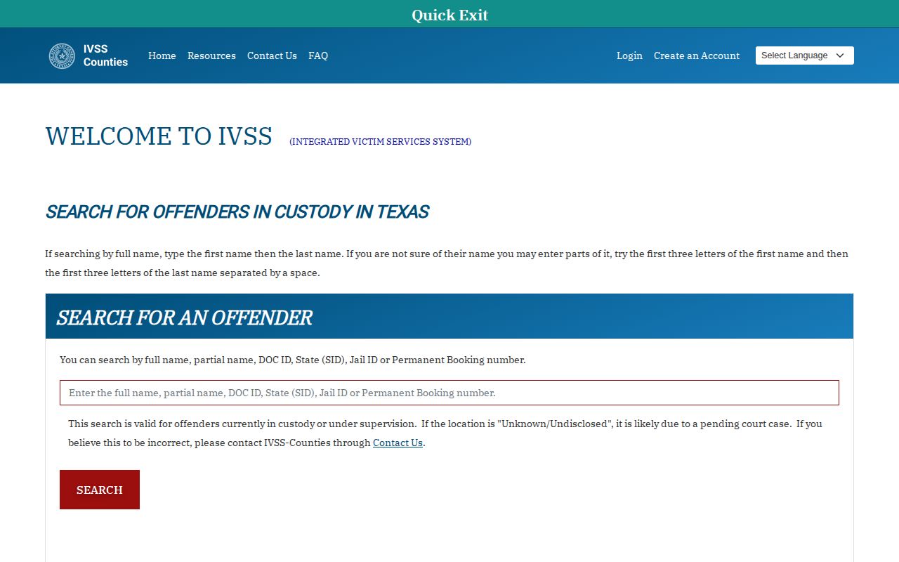 Texas IVSS search portal for a Hudspeth County inmate release check